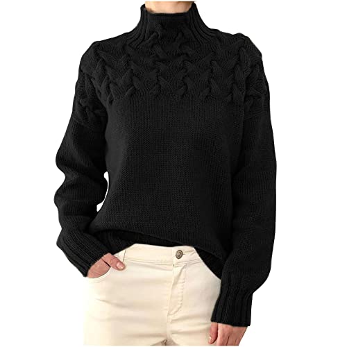 Masrin Rollkragenpullover Damen Elegante Einfarbiger Strickpullover Langarmshirt Pulli Herbst Winter Warmes Sweatshirt Stricken Grob Gestrickter Pullover Elastisch locker Strickoberteile Sweater von Masrin