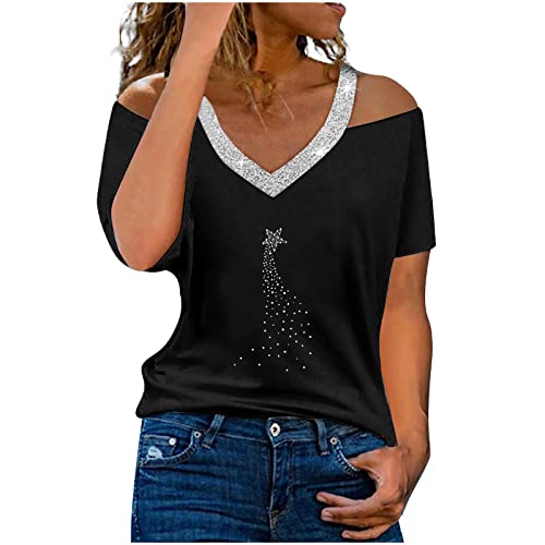 Masrin Schulterfreies T-Shirt Damen Oberteile mit Fünfzackiger Stern Strass Motiv Undichte Schulter Kurzarm Pullover Tunika mit Herzmotiv Sommer Tops Schmal Blusen Kurzen Ärmeln Tshirts für Frauen Masrin Schulterfreies T-Shirt Damen Oberteile mit Fünfzackiger Stern Strass Motiv Undichte Schulter Kurzarm Pullover Tunika mit Herzmotiv Sommer Tops Schmal Blusen Kurzen Ärmeln Tshirts für Frauen von Masrin
