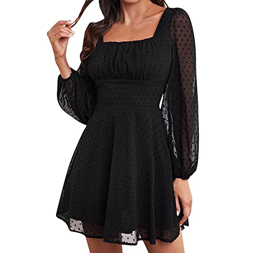 Masrin Skaterkleid Damen Elegantes modisches einfarbiges Jacquard Chiffon-Kleid A-Linien-Kleid mit eckigem Kragen und Langen Ärmeln Swingkleid mit hohem Bund und Patchwork Minikleid Party Kleid Masrin Skaterkleid Damen Elegantes modisches einfarbiges Jacquard Chiffon-Kleid A-Linien-Kleid mit eckigem Kragen und Langen Ärmeln Swingkleid mit hohem Bund und Patchwork Minikleid Party Kleid von Masrin