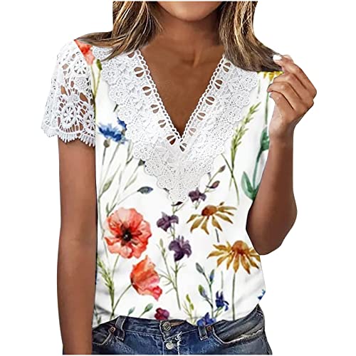 Masrin Spitzenbesatz Bluse Damen Tshirt mit Spitzenärmeln Sommer Kurzärmlige V-Ausschnitt Tops Lässiges Blumen Druck Oberteile Schlanke Passform Pulli Shirt Freizeit Pulli Tägliches Hemd T-Shirts von Masrin