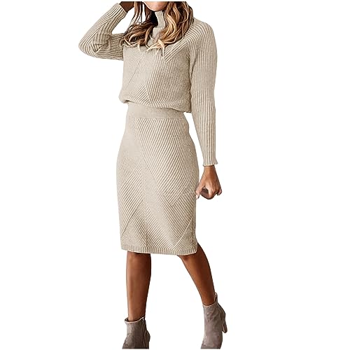 Masrin Strickkleid Set Damen Winterwarmes Gestricktes Zweiteiliges Outfit Einfarbiges Geripptes Strickkleid Rollkragenpullover + Knielanger Rock Hoher Taille Wickelkleid Elegant Partykleid S-5XL von Masrin