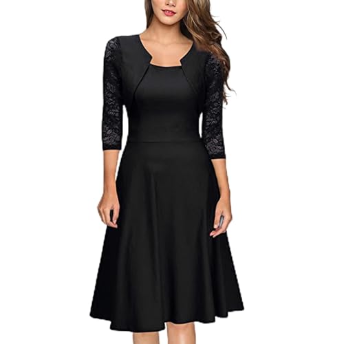 Masrin Swing Kleid Damen Retro einfarbiges Partykleid Abendkleid mit Blumenspitze und Dreiviertel Langen Ärmeln Elegantes Cocktailkleid Business Kleid mit Empire Taillennähten Skater Kleid Masrin Swing Kleid Damen Retro einfarbiges Partykleid Abendkleid mit Blumenspitze und Dreiviertel Langen Ärmeln Elegantes Cocktailkleid Business Kleid mit Empire Taillennähten Skater Kleid von Masrin
