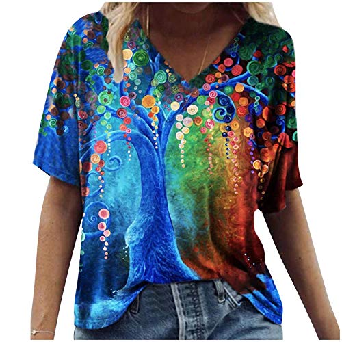 Masrin T-Shirt für Frauen Sommer lässig 3D Bunte Vogel Blume Tierdruck Tops Kurzarm V-Ausschnitt lose Tunika Bluse Streetwear(XL,Blau) von Masrin