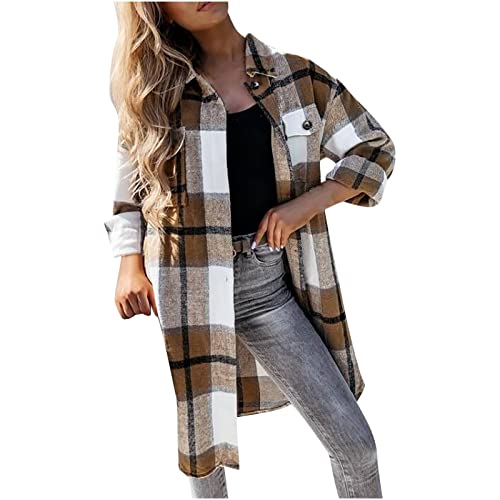 Masrin Trenchcoat Damen lang Klassischer Karierter Wollmantel Revers Langarm Wolljacke Cardigan Tops mit offener Vorderseite Knielanger Windbreaker Übergangsjacke Frühlingsjacke Windjacke Hemdjacke von Masrin