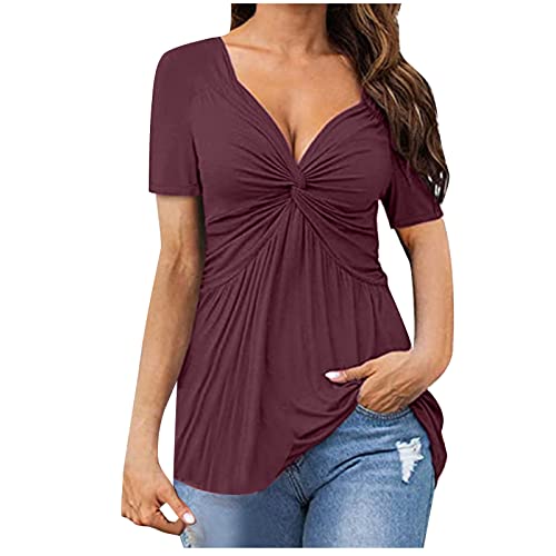 Masrin Trendige Oberteile Damen Knoten Twist Wickelbrust T-Shirt Sexy Einfarbiges Wickelshirt Kurzarm V-Ausschnitt Tunika Sommer Tops Fließendes Plissee Shirt Partywear Strandtunika Masrin Trendige Oberteile Damen Knoten Twist Wickelbrust T-Shirt Sexy Einfarbiges Wickelshirt Kurzarm V-Ausschnitt Tunika Sommer Tops Fließendes Plissee Shirt Partywear Strandtunika von Masrin