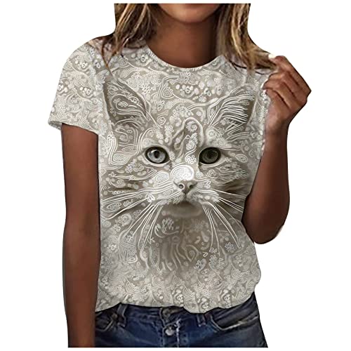 Masrin Trendige Oberteile Damen Lässiges Tshirt mit Katzedruck Kurzen Ärmel Pullover mit Rundhals 3D Tiermotiv Sommertops Lockere Bequeme Tunika Bluse Kurzarm Einfarbig T-Shirt für Frauen von Masrin