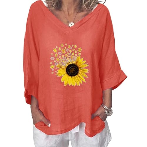 Masrin Trendige Oberteile Damen Oversize Baumwoll Leinen Bluse V-Ausschnitt 3/4 Ärmeln T-Shirt Sonnenblume Muster Longshirt Dreiviertel Ärmel Pullover Oberteile Sommer Tops Lockeres Langarmshirt von Masrin