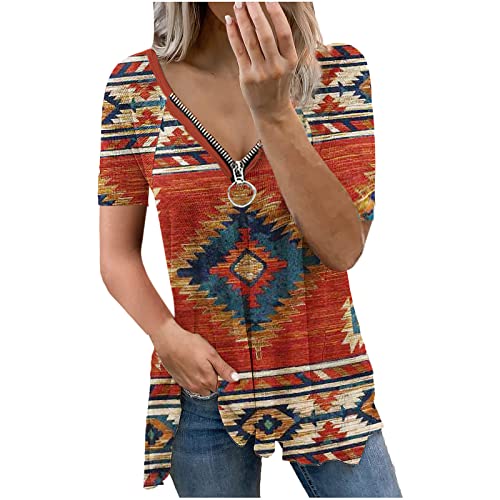 Masrin Trendige Oberteile Damen T-Shirt mit Retro Western Azteken Print Pullover im ethnischen Stil Kurzärmlige Bluse mit V-Ausschnitt und Reißverschluss Vintage Feder Motiv T-Shirts Für Frauen von Masrin