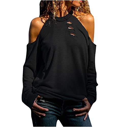 Masrin Trendige Oberteile für Damen Persönlichkeit mit zerrissenen Löchern Vintage einfarbiges Schulterfreies Hemd Tunika mit hängendem Hals und Langen Ärmeln Weit geschnittene Bluse Strassenmode Masrin Trendige Oberteile für Damen Persönlichkeit mit zerrissenen Löchern Vintage einfarbiges Schulterfreies Hemd Tunika mit hängendem Hals und Langen Ärmeln Weit geschnittene Bluse Strassenmode von Masrin