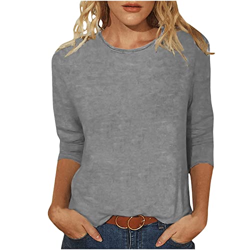 Masrin Tshirt Damen 3/4-Ärmeln T-Shirt Oberteile Lässiger Einfarbiges Pullover O-Ausschnitt Dreiviertel Ärmeln Pulli Tops Sommer Herbst Basic Shirt Lockere All-Match Tunika Bluse Blusenshirt von Masrin