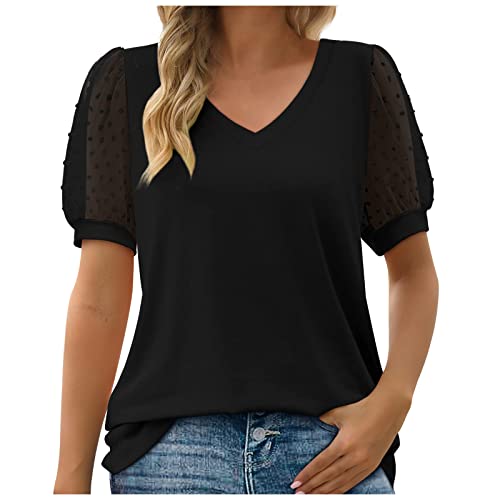 Masrin Tshirt Damen Lässige einfarbige Oberteile Modisches Puffärmeln T-Shirt mit Jacquard Kurzärmliges Sommershirt mit V-Ausschnitt Sommer Tops Bequeme Tunika Bluse Elegant Hemdbluse Partywear von Masrin