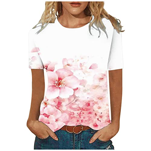 Masrin Tshirt Damen Sommer Trendige Oberteile Vintage 3D Blumen Druck T-Shirt Kurzärmlige Tee Tops mit O-Ausschnitt Basic Shirt All-Match Tunika Bluse Bequem Sportshirt Laufshirt T-Shirts für Party von Masrin