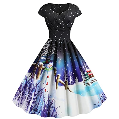 Masrin Weihnachtsabendkleid Damen Vintage 50er Rockabilly Petticoat Kleid Weihnachts Schneemann Motiv Partykleid V-Ausschnitt Kurzarm Cocktailkleid Elegantes Ballkleid Swingkleid Christmas Festkleid von Masrin