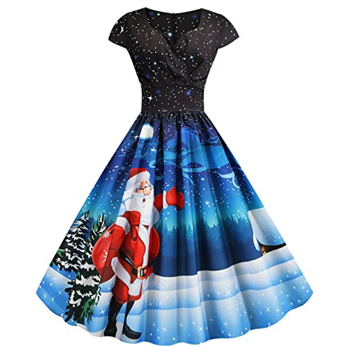 Masrin Weihnachtsabendkleid Damen Vintage 50er Rockabilly Petticoat Kleid Weihnachts Schneemann Motiv Partykleid V-Ausschnitt Kurzarm Cocktailkleid Elegantes Ballkleid Swingkleid Christmas Festkleid von Masrin