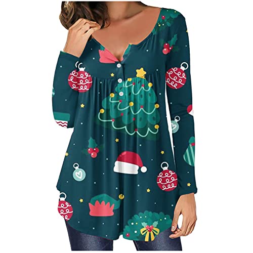 Masrin Weihnachtsbluse Damen Oberteile mit Schneeflocken Print Tunika Tops mit O Ausschnitt und Langen Ärmeln Plissierter Pullover mit unregelmäßigem Saum Knopfdekor Slim T Shirt Herbst Langarmshirts von Masrin