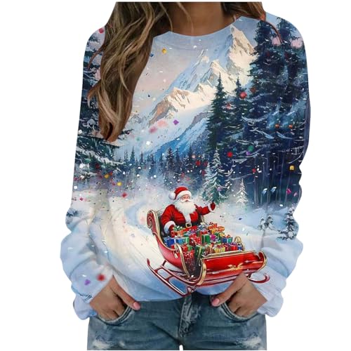 Masrin Weihnachtspullover Damen 2024 Neues Weihnachts Sweatshirt Festtagskostüm Leichtes Basic Langarmshirt Merry Christmas Sweater Frohe Weihnachten Bluse Rundhals Pulli Frauen von Masrin