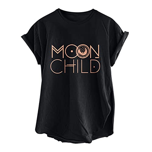 Moon Child Tshirt Damen Trendige Oberteile Vintage Brief bedrucktes T Shirt im gotischen Stil unregelmäßigem Saum Bluse Sommer Rundhals Kurzarm Basic Shirt Lose All Match Tops Streetwear von Masrin