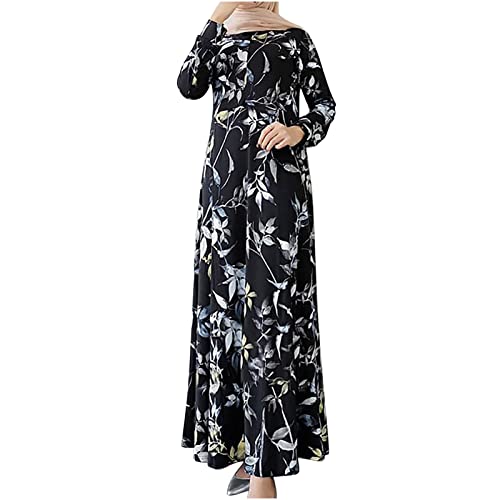 Muslimisches Maxikleid Damen Elegant Blumendruck Swing Kleid Rundhals langen Ärmeln Herbstkleid Taille zurückziehen Skaterkleid Moslem A-Linien Kleid Muslimisch Knöchellanges Kleider von Masrin