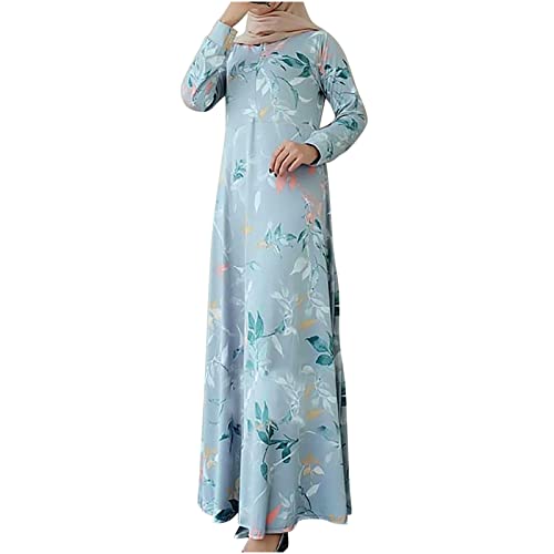 Muslimisches Maxikleid Damen Elegant Blumendruck Swing Kleid Rundhals Langen Ärmeln Herbstkleid Taille zurückziehen Skaterkleid Moslem A-Linien Kleid Muslimisch Knöchellanges Kleider von Masrin