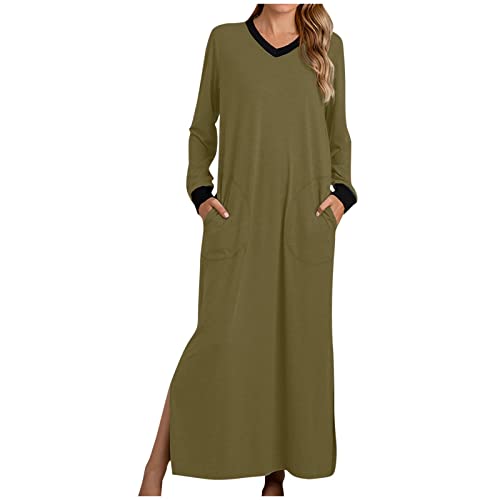 Nachthemd Damen Einfarbiges Maxikleid V-Ausschnitt Langarm Pulloverkleid Knöchellange Nachtwäsche mit Taschen Pyjama mit Seitenschlitz Schlafanzug Nachtkleid Nightdress Nachthemd Damen Einfarbiges Maxikleid V-Ausschnitt Langarm Pulloverkleid Knöchellange Nachtwäsche mit Taschen Pyjama mit Seitenschlitz Schlafanzug Nachtkleid Nightdress von Masrin