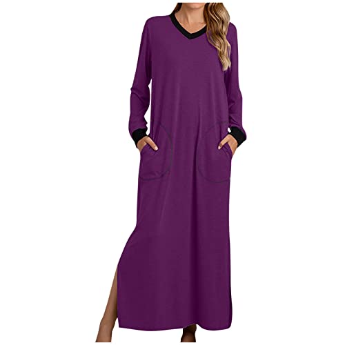 Nachthemd Damen Einfarbiges Maxikleid V-Ausschnitt Langarm Pulloverkleid Knöchellange Nachtwäsche mit Taschen Pyjama mit Seitenschlitz Schlafanzug Nachtkleid Nightdress Nachthemd Damen Einfarbiges Maxikleid V-Ausschnitt Langarm Pulloverkleid Knöchellange Nachtwäsche mit Taschen Pyjama mit Seitenschlitz Schlafanzug Nachtkleid Nightdress von Masrin
