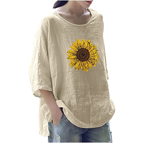 Oversize Baumwoll Leinen Longshirt Damen Oberteile mit 3/4 Ärmeln Vintage Sonnenblume Muster Tshirt Dreiviertelärmel Pullover mit Rundhals Große Größen Longbluse All-Match Tunika Blusentop von Masrin