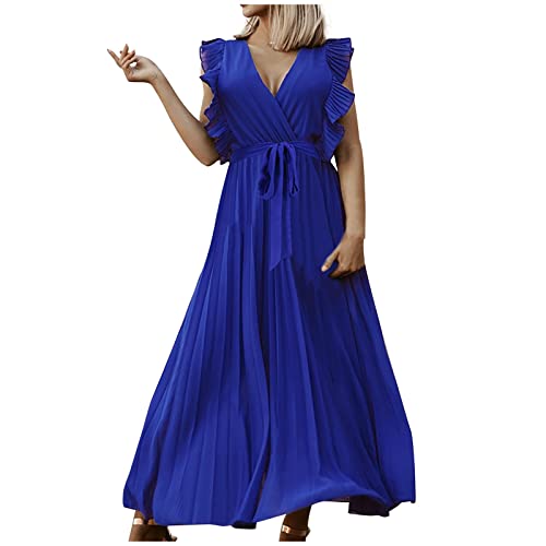 Partykleid Damen Modisches einfarbiges Chiffon Kleider Hoher Taille Faltenkleid mit Schärpen V-Ausschnitt Rüschen Sommerkleid Knöchellanges Langes Maxikleid Ballkleid Strandkleid Cocktailkleid von Masrin