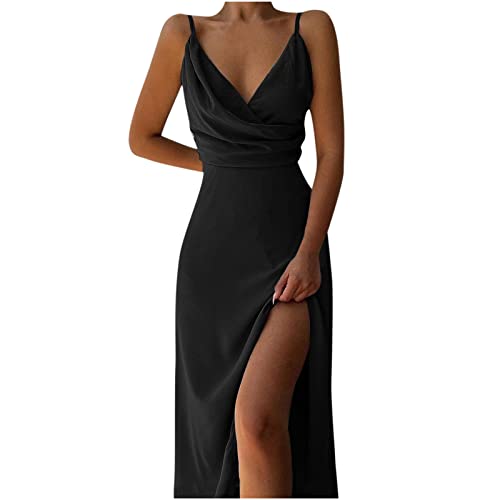 Partykleid Damen Spaghettiträger Etuikleid mit tiefem V Ausschnitt Einfarbiges figurbetontes Kleid Ärmelloses rückenfreies Wickelkleid Abendkleid mit hohem Schlitz Langes Cocktailkleid Ballkleid von Masrin