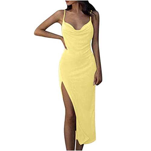 Partykleid Damen Spaghettiträger Etuikleid mit tiefem V Ausschnitt Einfarbiges figurbetontes Kleid Ärmelloses rückenfreies Wickelkleid Abendkleid mit hohem Schlitz Langes Cocktailkleid Ballkleid von Masrin