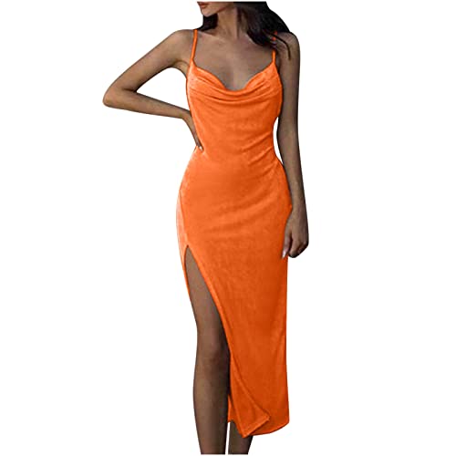 Partykleid Damen Spaghettiträger Etuikleid mit tiefem V Ausschnitt Einfarbiges figurbetontes Kleid Ärmelloses rückenfreies Wickelkleid Abendkleid mit hohem Schlitz Langes Cocktailkleid Ballkleid von Masrin