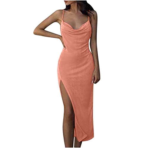 Partykleid Damen Spaghettiträger Etuikleid mit tiefem V Ausschnitt Einfarbiges figurbetontes Kleid Ärmelloses rückenfreies Wickelkleid Abendkleid mit hohem Schlitz Langes Cocktailkleid Ballkleid von Masrin