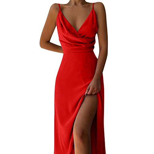 Partykleid Damen Spaghettiträger Etuikleid mit tiefem V Ausschnitt Einfarbiges figurbetontes Kleid Ärmelloses rückenfreies Wickelkleid Abendkleid mit hohem Schlitz Langes Cocktailkleid Ballkleid von Masrin