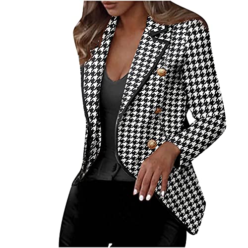 Petite Anzug Damen Blazer Fashion Hahnentritt Motiv Anzugjacke Business Casual Anzug Mantel Doppelreiher offene Vorderseite Business Jacke Schlanke Passform Bürodame Outwear Für Büro Party von Masrin