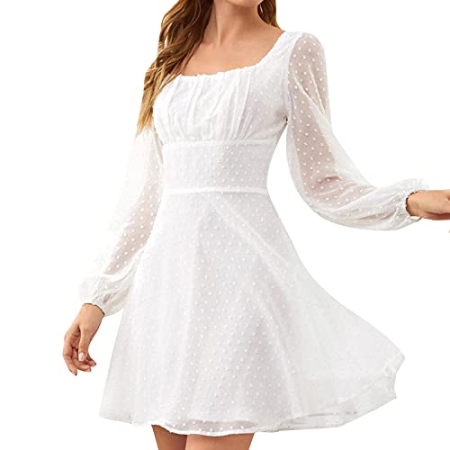 Skaterkleid für Damen Elegantes modisches einfarbiges Jacquard Chiffon-Kleid A-Linien-Kleid mit eckigem Kragen und langen Ärmeln Swingkleid mit hohem Bund und Patchwork Minikleid Party Kleid(L,Weiß) Skaterkleid für Damen Elegantes modisches einfarbiges Jacquard Chiffon-Kleid A-Linien-Kleid mit eckigem Kragen und langen Ärmeln Swingkleid mit hohem Bund und Patchwork Minikleid Party Kleid(L,Weiß) von Masrin