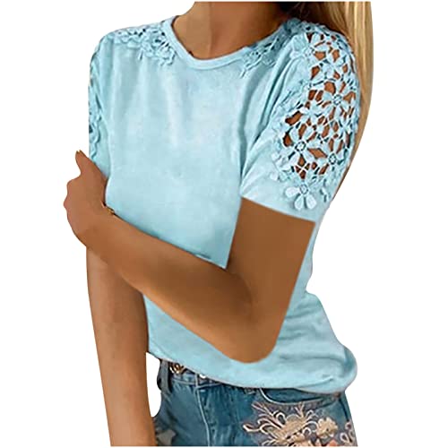 Sommer Tshirt für Damen Spitze aushöhlen Kurzarm Oberteile Modische Einfarbige Bluse Tops Pullover mit Spitzennähten Rundhals Shirts Lockere Bequeme Tunika T-Shirt Basic Shirt Elegante Partywear von Masrin