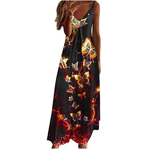 Sommerkleid Damen A-Linie Kleider Lässiges Schmetterlings Druck Maxikleid Ärmelloses Trägerkleid mit V-Ausschnitt Urlaub Strandkleid Abstrakt Freizeitkleid Partykleid Skaterkleid Sonnenkleid von Masrin