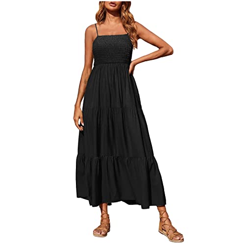 Sommerkleid Damen A-Linien kleid Böhmisches Urlaubskleid Einfarbiges Maxikleid Ärmelloses Spaghettiträgern Strandkleid Elastisches Wickelbrust Sonnenkleid Gesmoktes Gestuftes Faltenkleid von Masrin