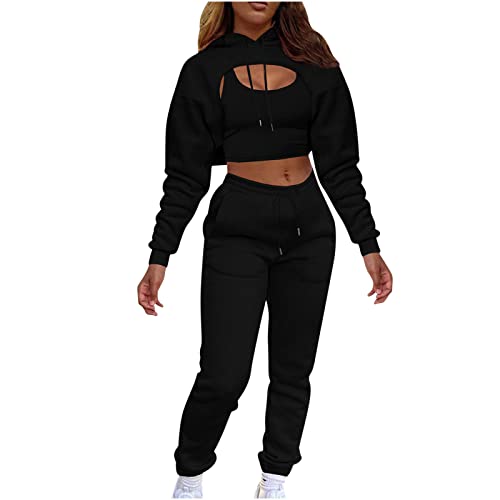 Sportbekleidung Damen Dreiteiliges Set Sexy einfarbiger Trainingsanzug Bauchfrei Sportweste + Brustloser Hoodie + Jogginghose mit elastischem Bund Crop Tops Fitness Workout Sportanzug Sportshirt von Masrin