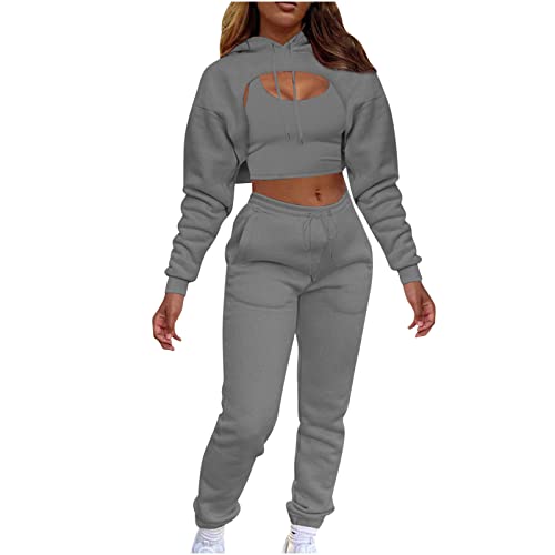 Sportbekleidung Damen Dreiteiliges Set Sexy einfarbiger Trainingsanzug Bauchfrei Sportweste + Brustloser Hoodie + Jogginghose mit elastischem Bund Crop Tops Fitness Workout Sportanzug Sportshirt von Masrin