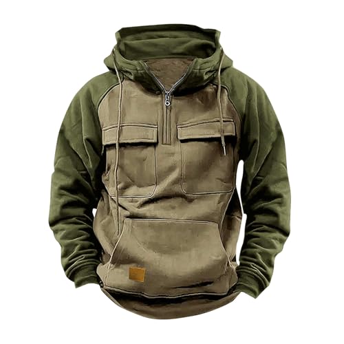 Sweatshirt für Herren Cargo Oberteile mit Kapuze Viertelreißverschluss Pullover Farbblock Patchwork Langarmshirt Mehrere Taschen Longsleeve Autumn Winter Warm Kordelzug Tops Sweater Sportshirt von Masrin