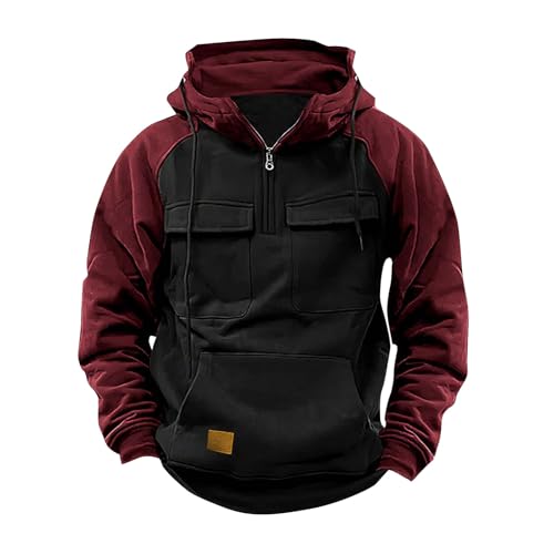 Sweatshirt für Herren Cargo Oberteile mit Kapuze Viertelreißverschluss Pullover Farbblock Patchwork Langarmshirt Mehrere Taschen Longsleeve Autumn Winter Warm Kordelzug Tops Sweater Sportshirt von Masrin