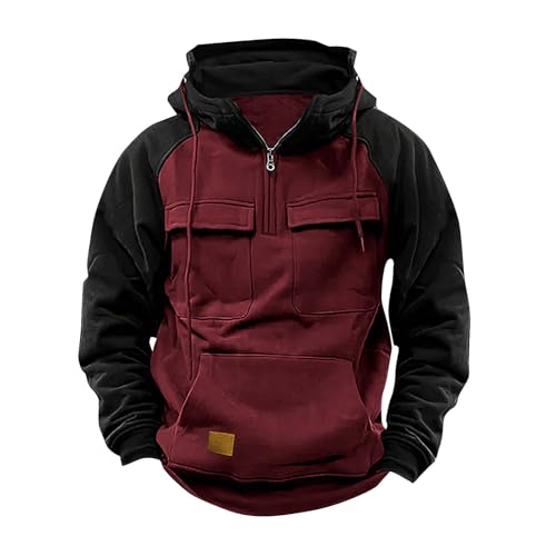 Sweatshirt für Herren Cargo Oberteile mit Kapuze Viertelreißverschluss Pullover Farbblock Patchwork Langarmshirt Mehrere Taschen Longsleeve Autumn Winter Warm Kordelzug Tops Sweater Sportshirt von Masrin