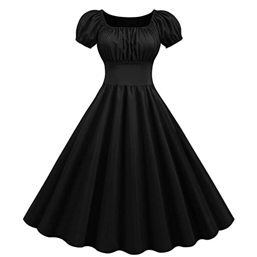 Swingkleid Damen 50er Rockabilly Petticoatkleid Retro Einfarbiges A-Linie Kleid Quadratischer Hals Puffärmel Sommerkleid Tunikakleid Kniehohes Ballkleid Mittelalterliches Cocktailkleid Partykleid von Masrin