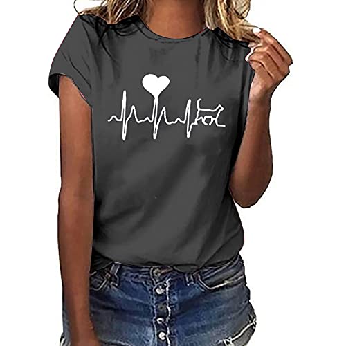 Tshirt Damen Lässige Elektrokardiogramm Druck Oberteile Herzschlagkurve Pullover T-shirt Einfarbiges Basic Shirt Rundhals Kurzarm Sommer Tops Lockere All-Match Tunika Bluse Laufshirt Sportshirt von Masrin