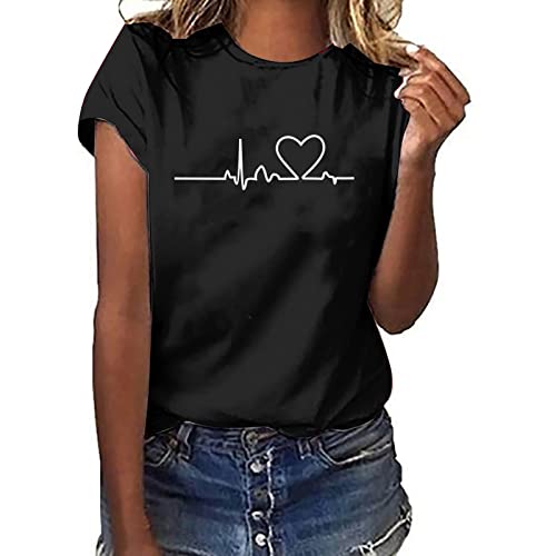 Tshirt Damen Lässige Elektrokardiogramm Druck Oberteile Herzschlagkurve Pullover T-shirt Einfarbiges Basic Shirt Rundhals Kurzarm Sommer Tops Lockere All-Match Tunika Bluse Laufshirt Sportshirt Tshirt Damen Lässige Elektrokardiogramm Druck Oberteile Herzschlagkurve Pullover T-shirt Einfarbiges Basic Shirt Rundhals Kurzarm Sommer Tops Lockere All-Match Tunika Bluse Laufshirt Sportshirt von Masrin