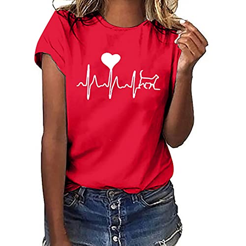 Tshirt Damen Lässige Elektrokardiogramm Druck Oberteile Herzschlagkurve Pullover T-shirt Einfarbiges Basic Shirt Rundhals Kurzarm Sommer Tops Lockere All-Match Tunika Bluse Laufshirt Sportshirt von Masrin