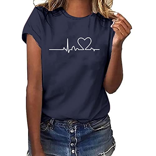 Tshirt Damen Lässige Elektrokardiogramm Druck Oberteile Herzschlagkurve Pullover T-shirt Einfarbiges Basic Shirt Rundhals Kurzarm Sommer Tops Lockere All-Match Tunika Bluse Laufshirt Sportshirt von Masrin