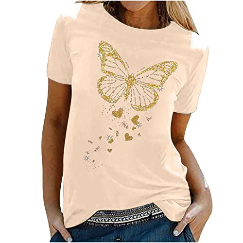 Tshirt Damen Oberteile mit Gold Schmetterlings Print Rundhals Kurzarm Bluse Lässige Tees Pullover Frühlings Herbst Basic Shirt All Match Tunika Tops Geschenk für Teenager Mädchen Pulli Streetwear von Masrin