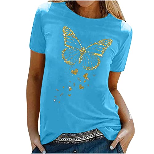 Tshirt Damen Oberteile mit Gold Schmetterlings Print Rundhals Kurzarm Bluse Lässige Tees Pullover Frühlings Herbst Basic Shirt All Match Tunika Tops Geschenk für Teenager Mädchen Pulli Streetwear von Masrin