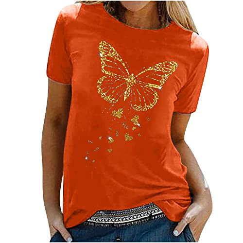 Tshirt Damen Oberteile mit Gold Schmetterlings Print Rundhals Kurzarm Bluse Lässige Tees Pullover Frühlings Herbst Basic Shirt All Match Tunika Tops Geschenk für Teenager Mädchen Pulli Streetwear von Masrin